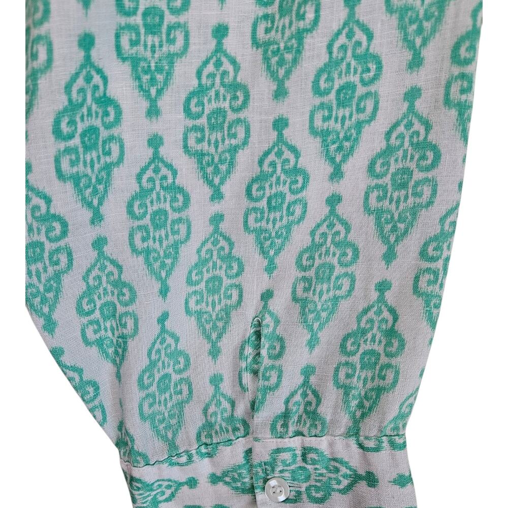CHICO'S 3 Women XL Linen Tunic Blouse Button Up Teal White Medallion Coastal 44" - Picture 5 of 8